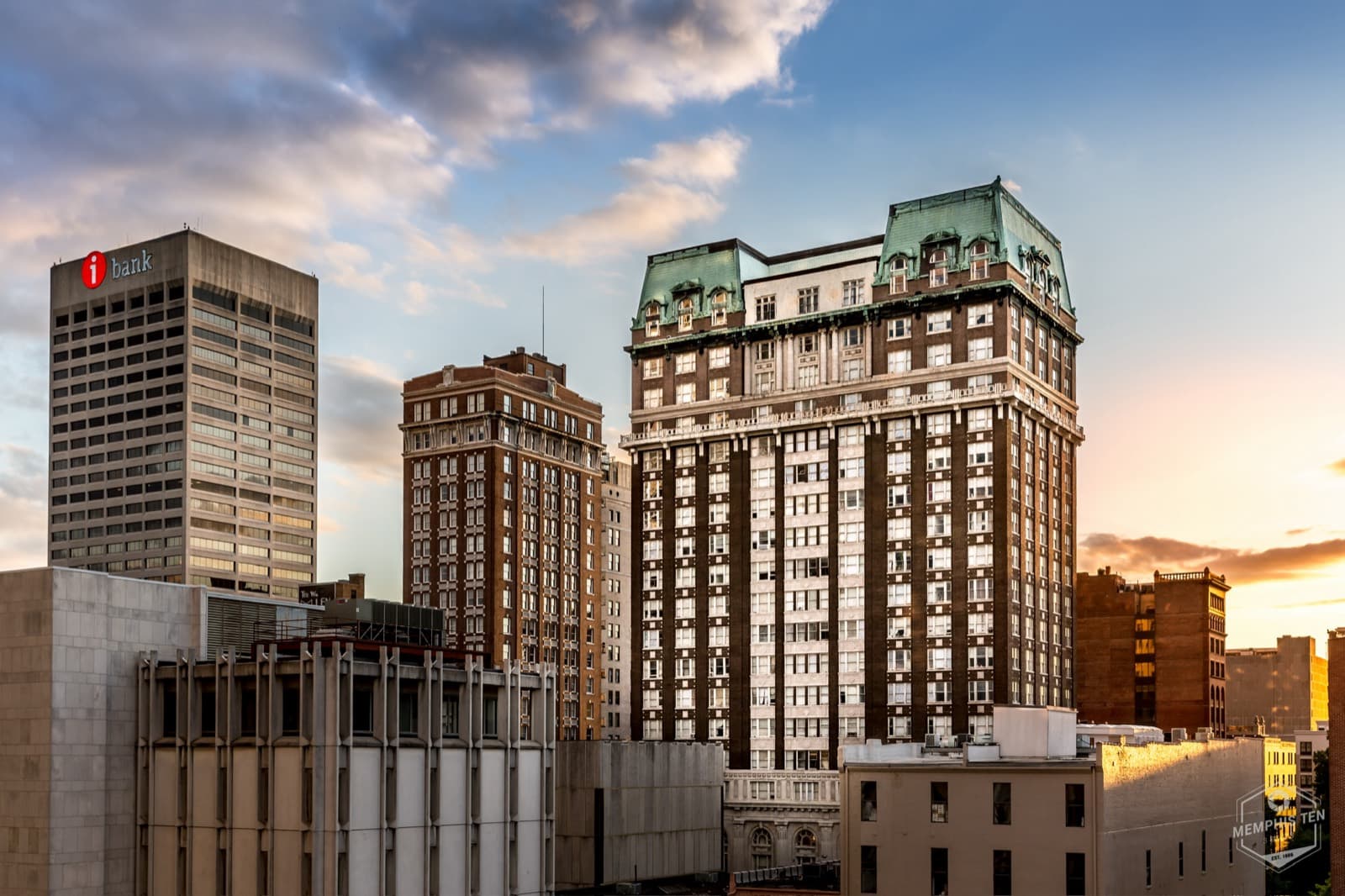 Downtown Memphis apartment towers at dusk